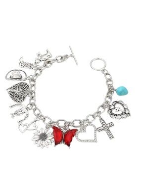 Silver Western Charm Bracelet with Red Butterfly & Turquoise Stone